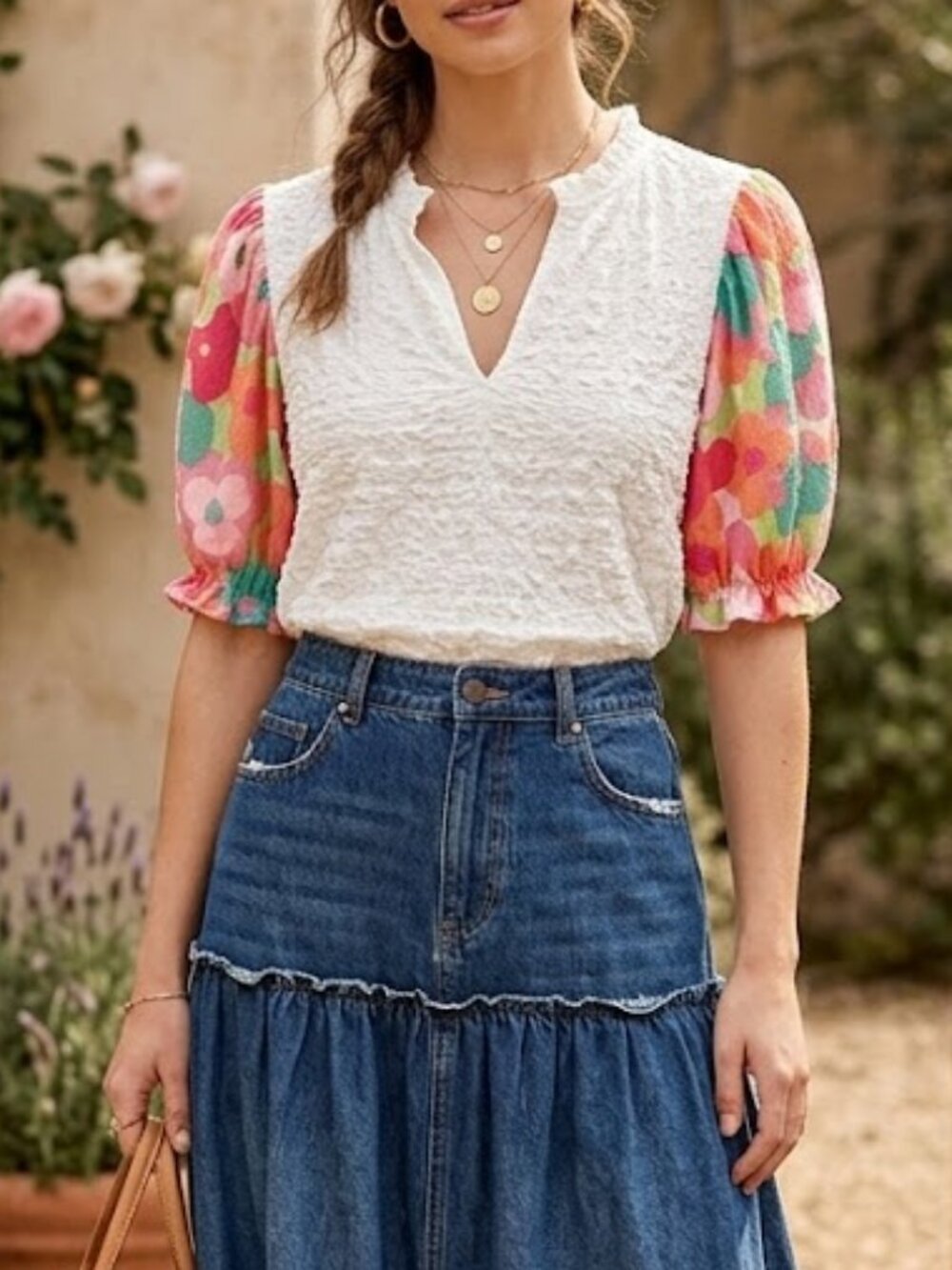 THML Textured Floral Puff Sleeve Blouse Size Small Boho Bohemian Hippie Preppy